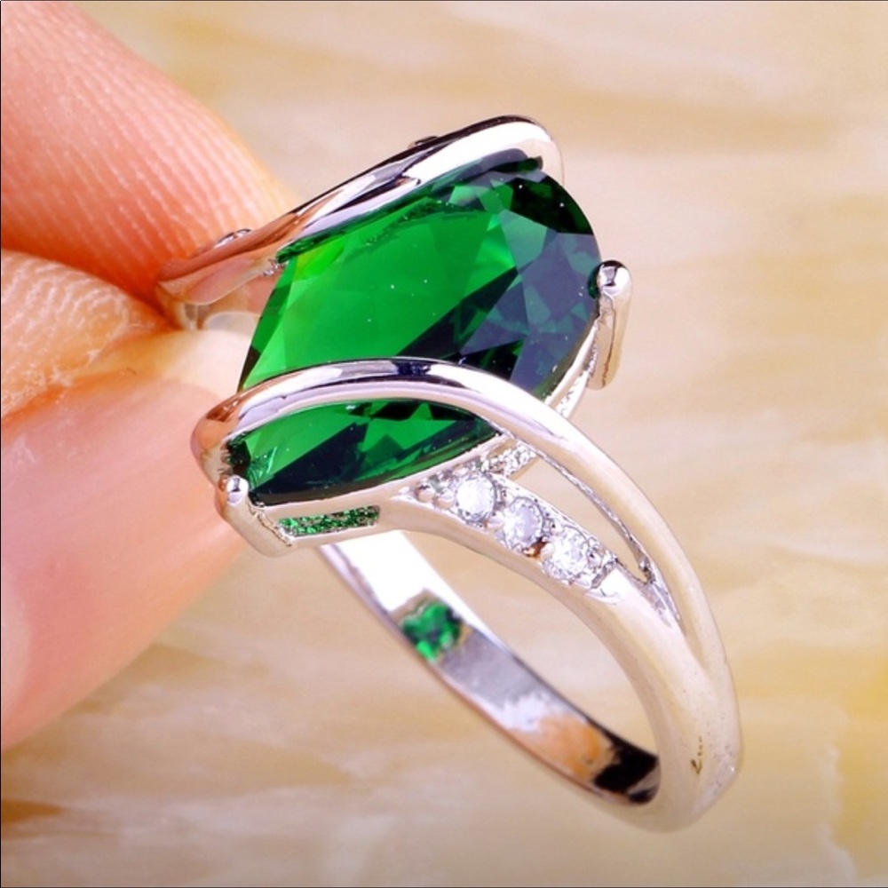 Silver Emerald (lab created and CZ diamond ring - Picture 3 of 5